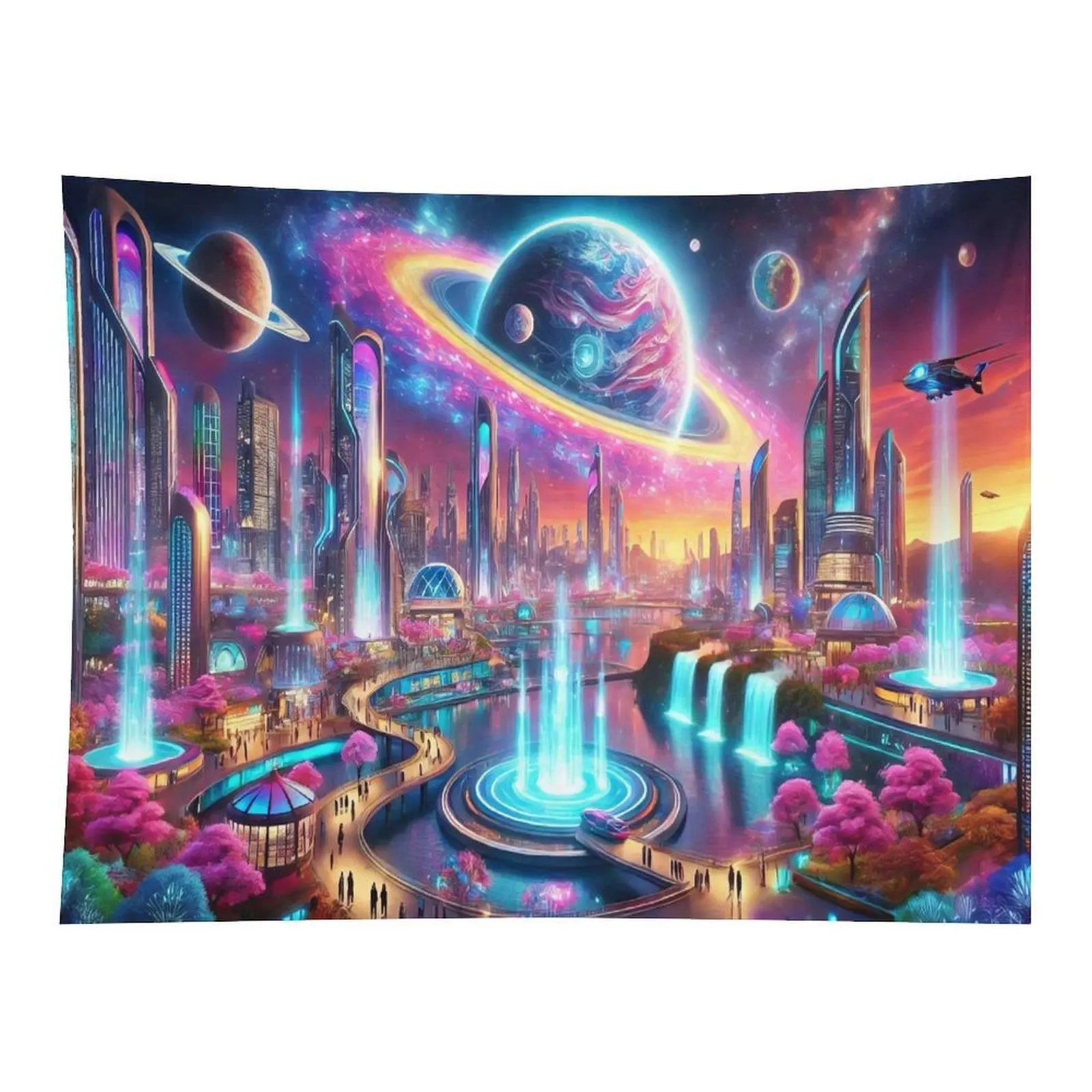 Futuristic Neon Sci Fi Space City Tall Skyscrapers Giant Ring Planets Colorful Cosmic Galaxy Fantasy Landscape Wall Tapestry For Teen Boys Gaming Room Decor