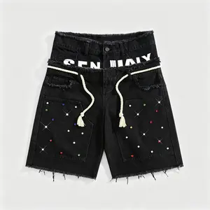 Men’s fashion denim shorts featuring sparkling rhinestones, casual street-style design, loose double-layer construction, and a distinctive trendy look.