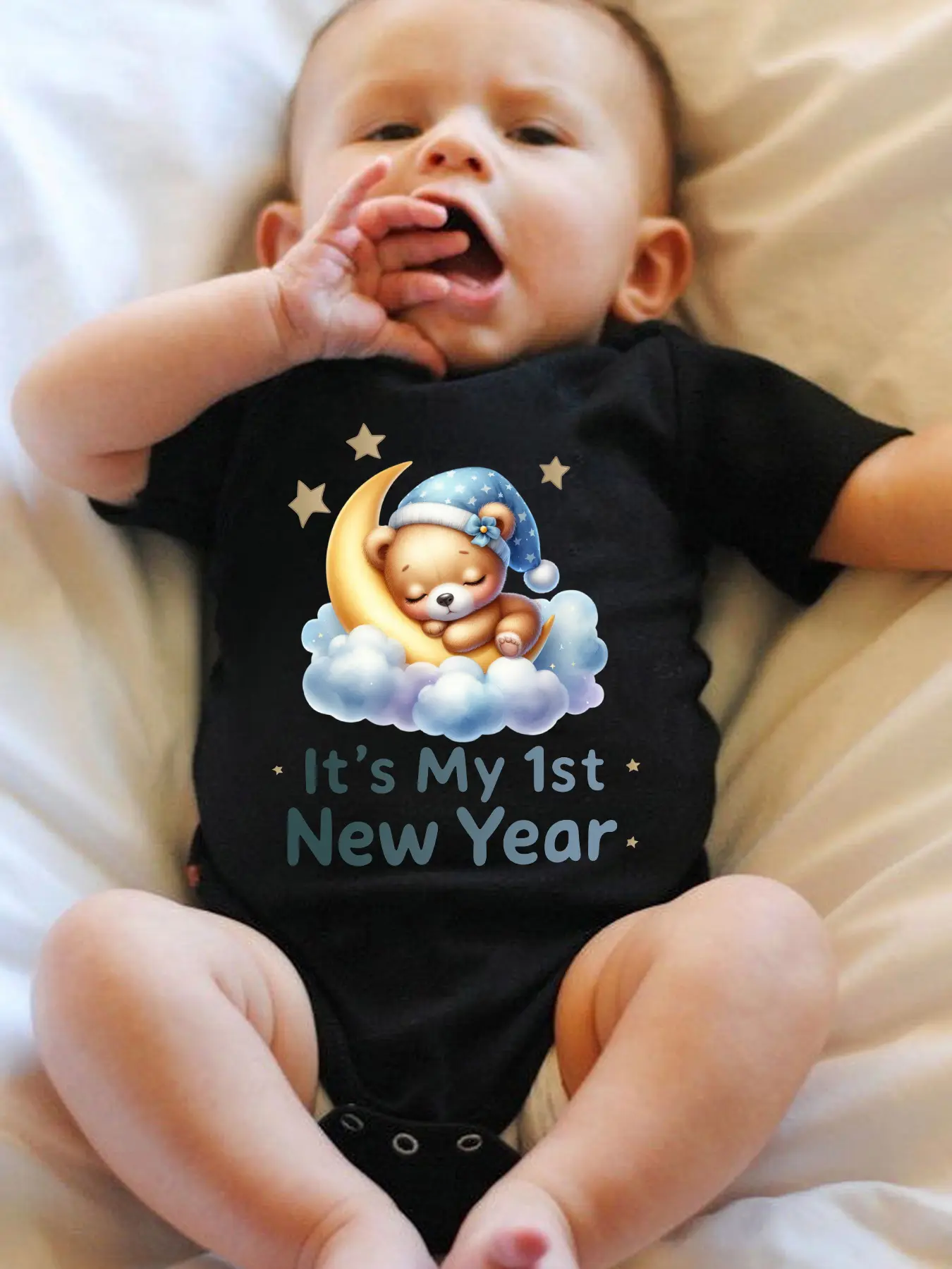 Unisex Baby Black Short Sleeve Bodysuit, It’s My 1st New Year Sleepy Bear Moon Cloud Star Infant Cotton Onesie