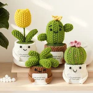 100% Handmade Crochet Emotional Support Plants, Funny Knitted Succulent & Cactus Potted Decor, Positive Energy Gift with Encouraging Sign for Friends Coworkers