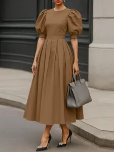 Women's Casual Chic Solid Color Fitted Dress, Round Neck Bubble Sleeve Short Sleeves Waist Cinched Long Pleated Design, Perfect for Daily and Parties