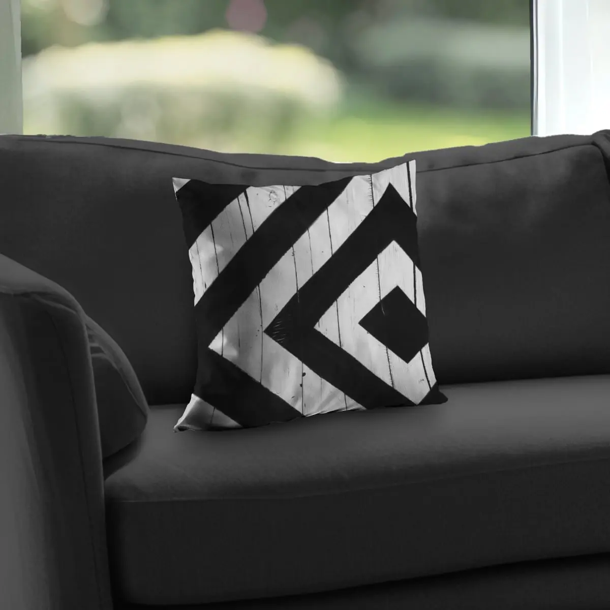 360 Stand Modern 14x14 in Standard Size Fade-Resistant Twill Weave Rhombus-Print Wood-Textured Poly Twill Throw Pillow, Neutral Tones Gray/Black/White Home Decor Accent, Black-And-White Standard Pillows, Decorative Standard Pillows