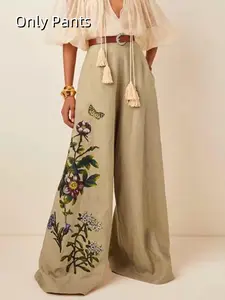 Women's Floral Print Pocket Wide Leg Pants, Boho Casual Trousers for Spring & Fall, Women's Bottoms for Daily Wear, Loose Legged Pants