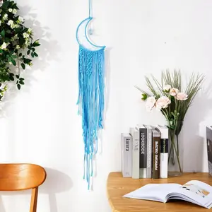 Macrame Wall Hanging Crescent Moon Dream Catcher with Moon Charm, Modern Boho Style Home Decor -- Light Blue