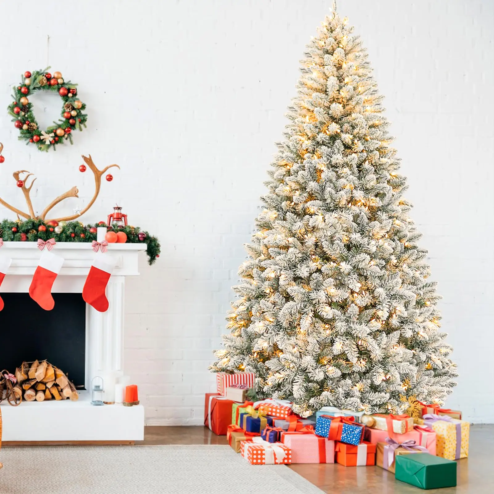 6 ft Prelit Christmas Tree with 1,032 Snow Flocked Branches | 250 Warm White And Multicolor Led Lights, 10 Lighting Modes, Foot Pedal, Hinged Design and Sturdy Metal Stand