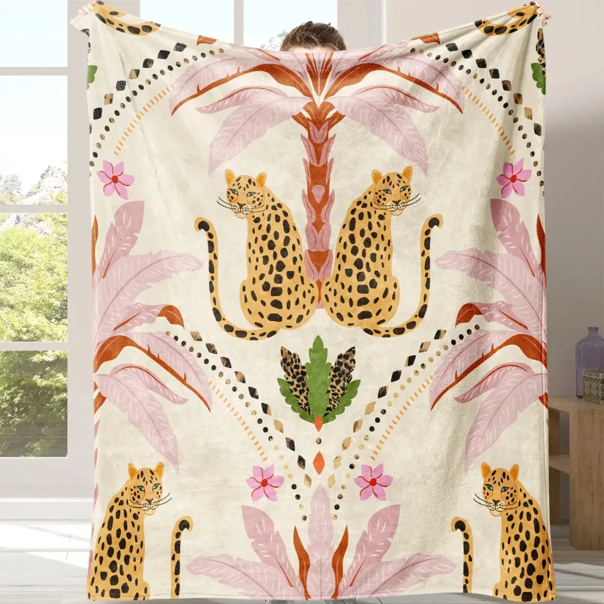 Bohemian Leopard Print Flannel Throw Blanket - 100% Polyester Fleece, Warm, Breathable, Durable, Fade-Resistant, All-Season, Colorful, Soft Lightweight Rectangular, Glam Home Comfort Gift for Sofa, Bed, Outdoor Camping with Friends and Family