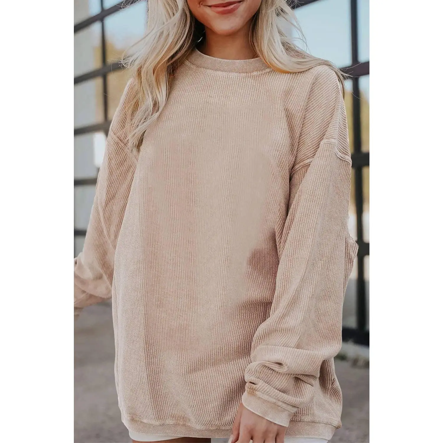 Customizable Long Sleeve Ribbed Corded Oversized Sweatshirt