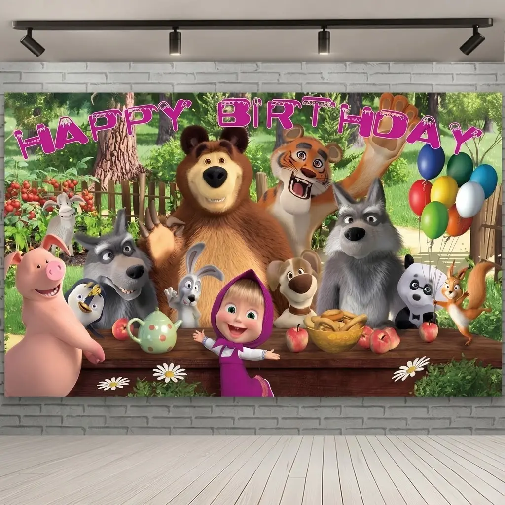 Cartoon Masha and the Bear Girl Tapestry - Multi-Size (40×30in, 60*50In) Printed Wall Decor, Birthday Party Backdrop, All Seasons Camping Photography Banner, Modern Home Decor Gift