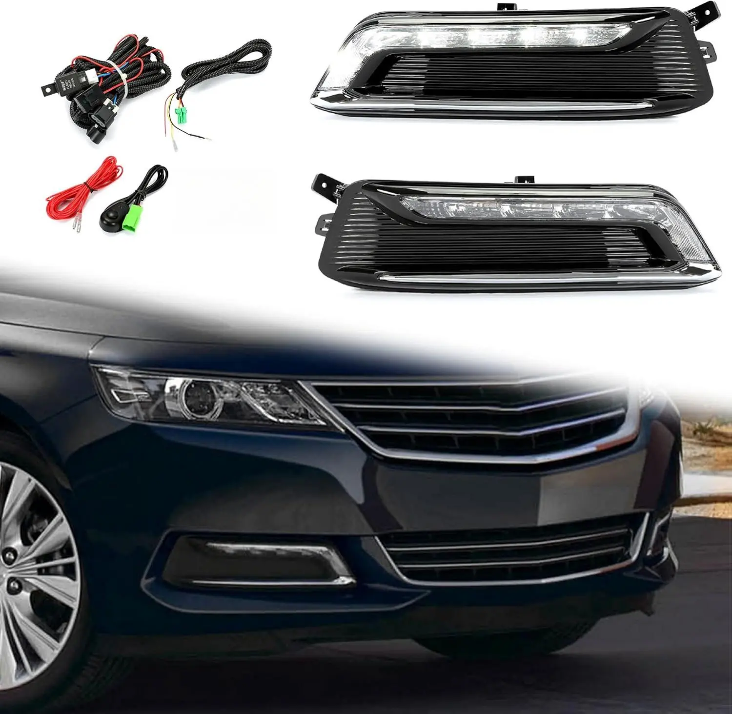 HECASA LED Fog Light Set Compatible with 2014-2020 Chevrolet Impala Replacement for GM2562102 GM2563102 w/Fog Light Bezel Wiring Switch Kit Pair Fog Lamp (Clear Lens+Black Housing)