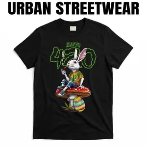 Easter Bunny Smoking Weed Happy 420 Pot Marijuana Rabbit [Cool Design] Street Trending Style Women's Tee Comfortable Round Neck Shorts Same Gender Design And Sleeves Men's T Shirts Men's and women's T-shirts: Unisex cotton T-shirts: Unique gift T-shirts