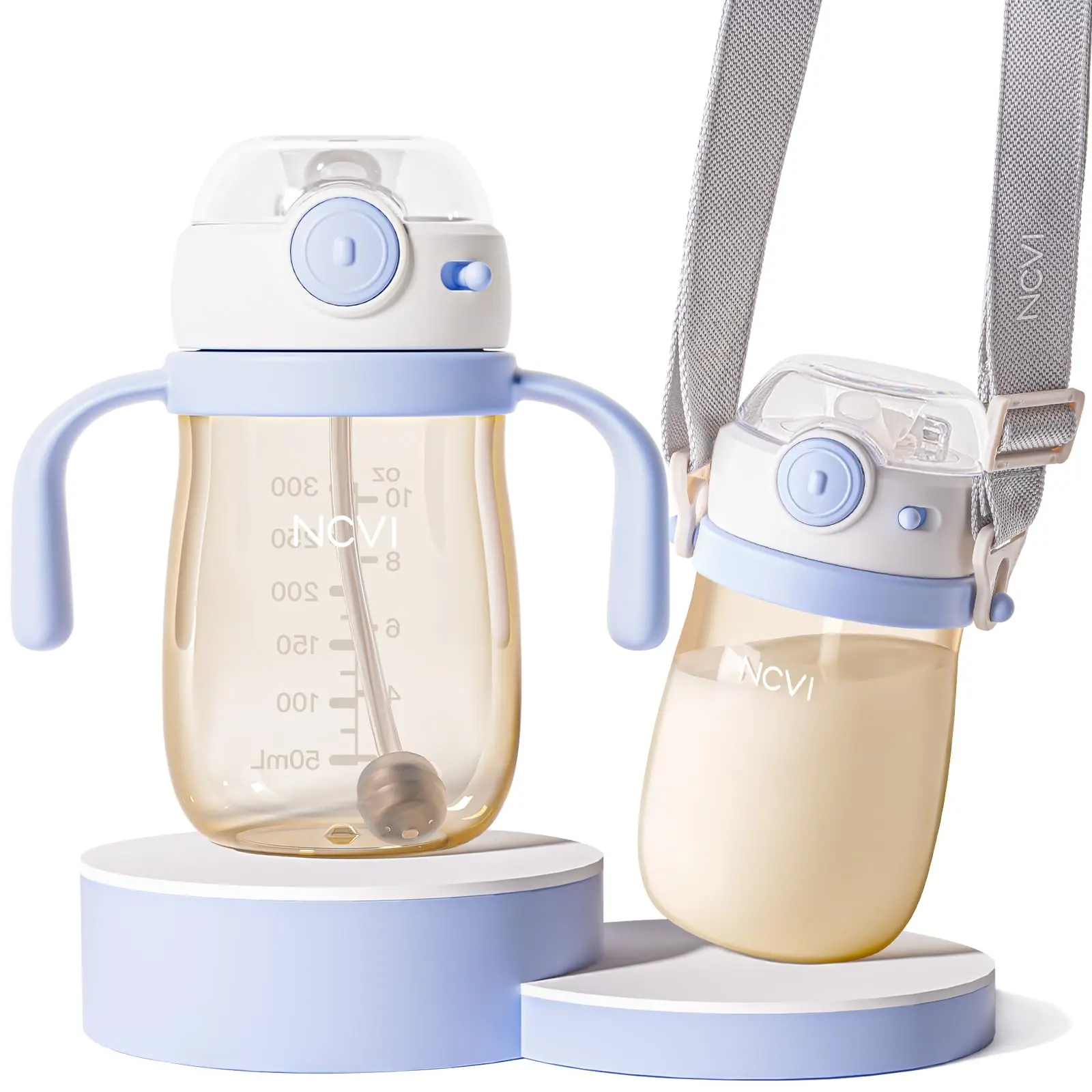 NCVI PPSU No Spill 360 Sippy Cup with Straw for 1-3 Years (10oz) - Feeding Baby Weighted Cup, Non-Slip Handle, Adjustable Strap, Secure Lid, BPA-Free Wide-Neck, Toddler-Safe Baby Bottles & Accessories (Blue), Weighted Cup Baby Bottles & Accessories
