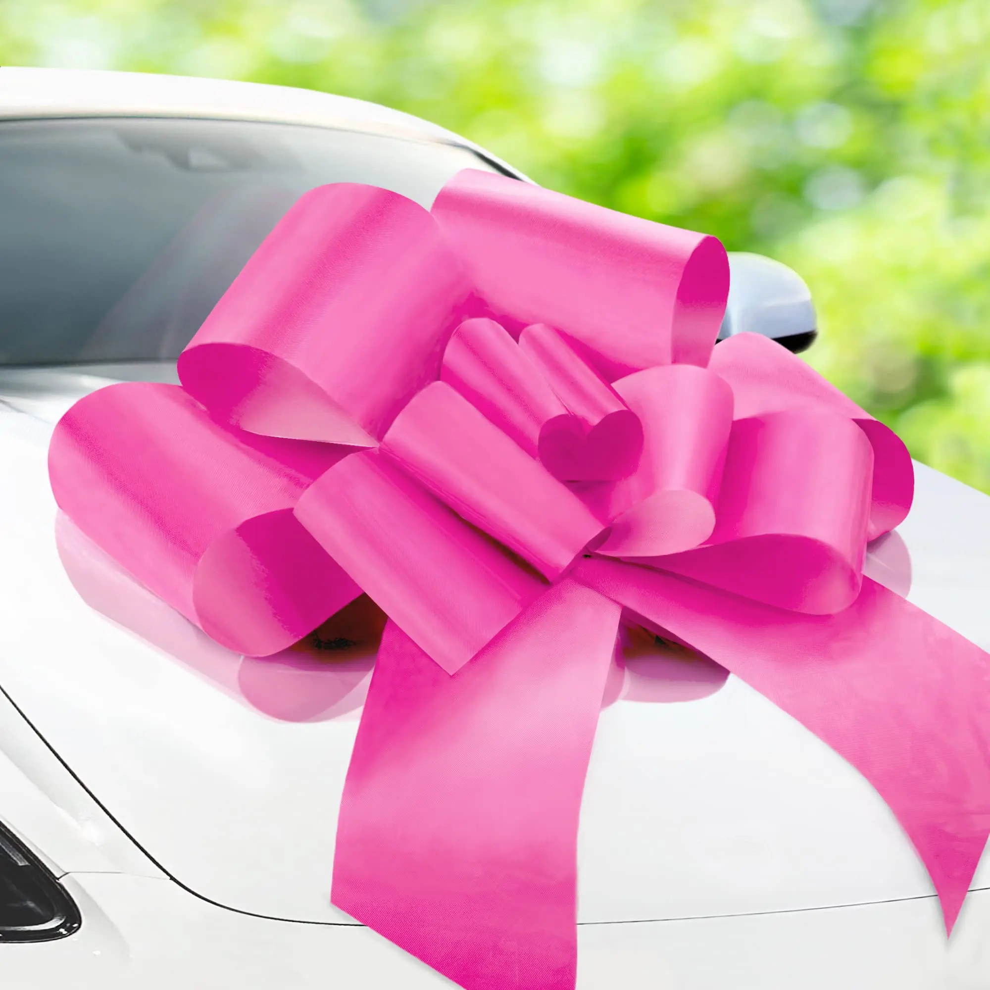 Zoe Deco 30" Diameter Magnet-Free Pink Round Giant Bow, with 2 Gold Accessory Bows, Festive Wedding Decor Gifts, Car Accessories