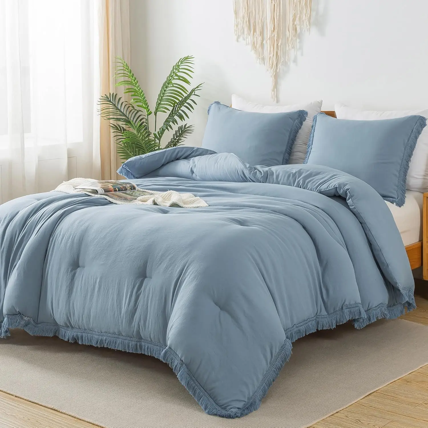 Grayish Blue Comforter Queen Size, 3 Boho Tassel Lightweight Comforter Sets, Fluffy Fringe (90x90In Comforter  2 Pillowcases)