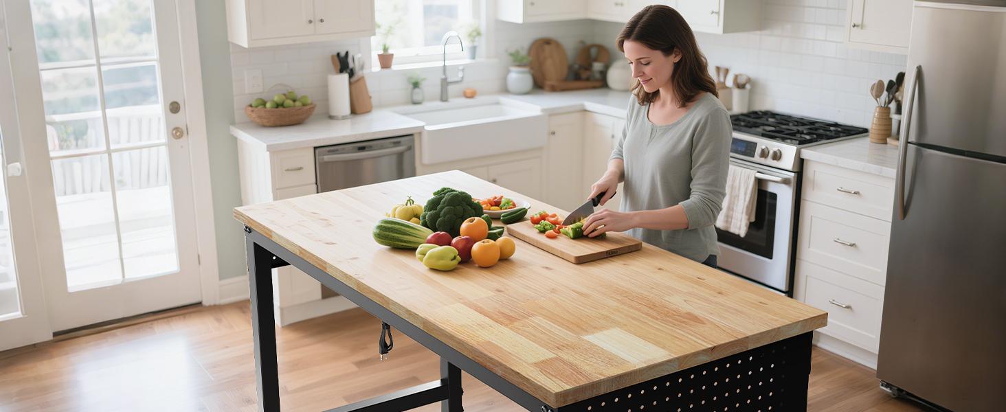 CAMMOO 47.64" Adjustable Heavy Duty Workbench, 2000 LBS Load Capacity Rubber Wood Work Table with Pegboard, Power Outlets, Work Bench for Garage, Workshop, Office, Home, Commercial