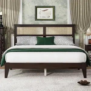 Queen Size Rubber Wooden, Solid Wooden Bed with Rattan Headboard, Enhanced by Support Feet,Espresso