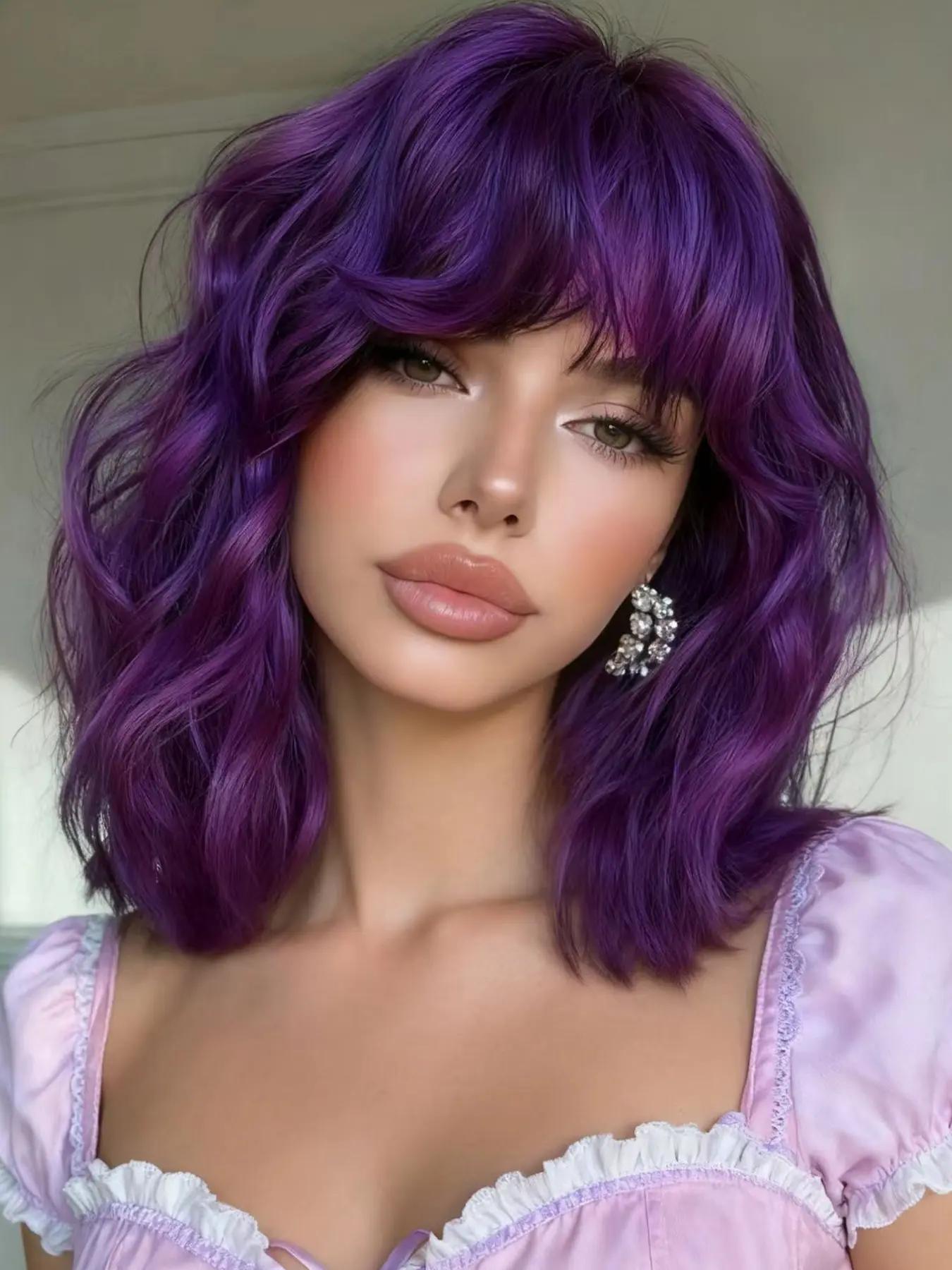 14 Inch Dark Short Wavy Bob Wig with Bangs, Heat Resistant Synthetic Wig, Natural Soft Curly Wig for Women, Daily Party Halloween, Synthetic Soft Wigs