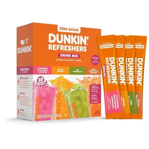 Dunkin’ Refreshers Singles To Go! Zero Sugar Powdered Drink Mix, 30 Ct Variety Pack, Energy from Green Tea, Aspartame-Free, No Synthetic Colors, 30 Single-Serve Packets, Just Add Water