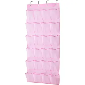 Kids Shoe Organizer Pink Room Decor for Bedroom Door Hanging Baby Closet Storage Over The Rack Breathable 24 Large Mesh Pockets for Toddler Girl Cloth Hangable