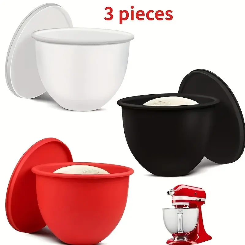 3 Piece Mixer Accessory Set for Stand Mixers, Accessory Only Device Not Included, Heavy Duty Durable Silicone Nonstick Mixing Bowl Liner, Spill Proof Splash Guard Lid, Large Mixer Bowl Protection Accessories for Home Baking Kitchen