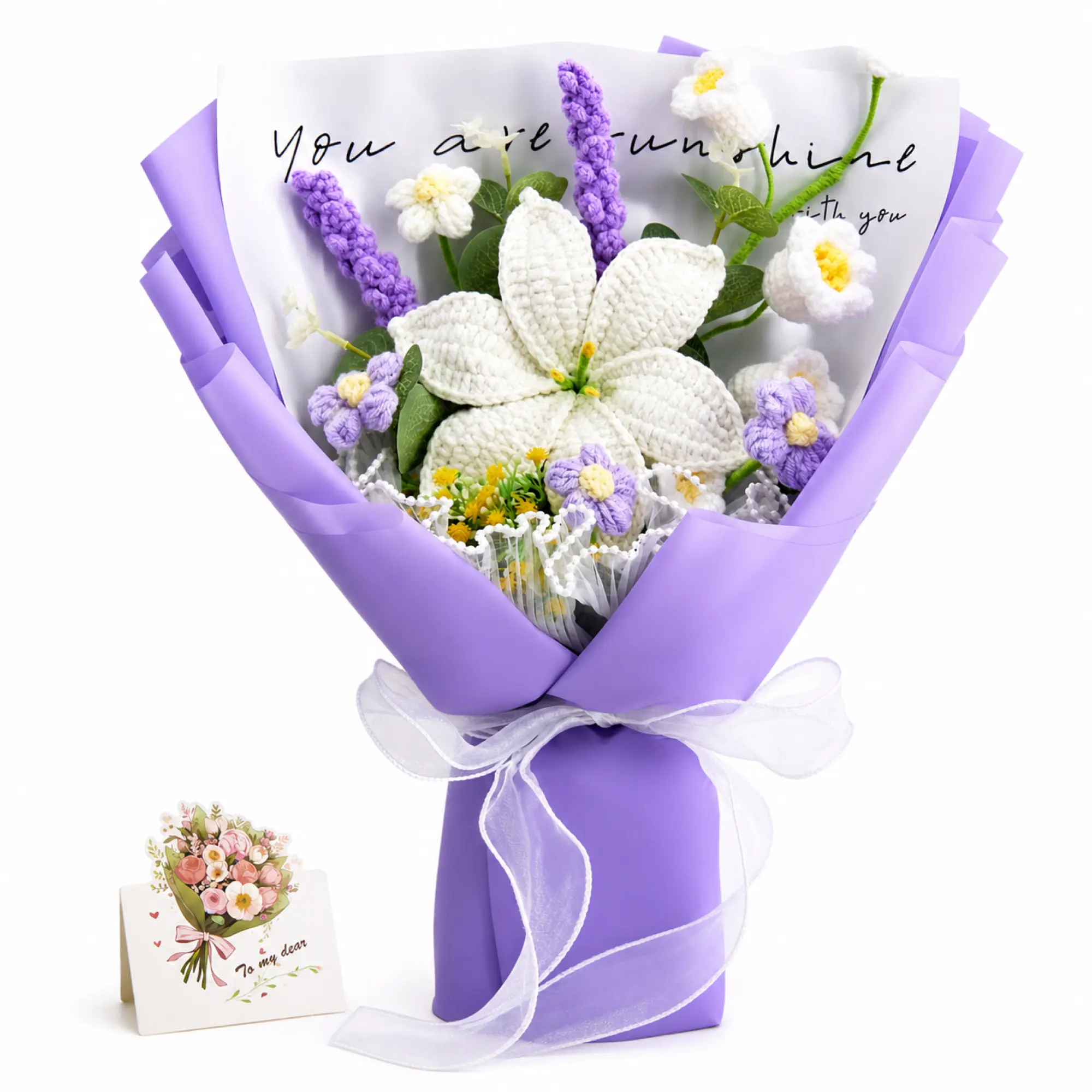 YShomy Back to School Handmade Purple Crochet Bouquet - Decorative Artificial Lavender Arrangement with Lily, Rose, Calla Lily, Forever Blooms, Greeting Card - Gifts for Girlfriend, Daughter - US Fast Shipping