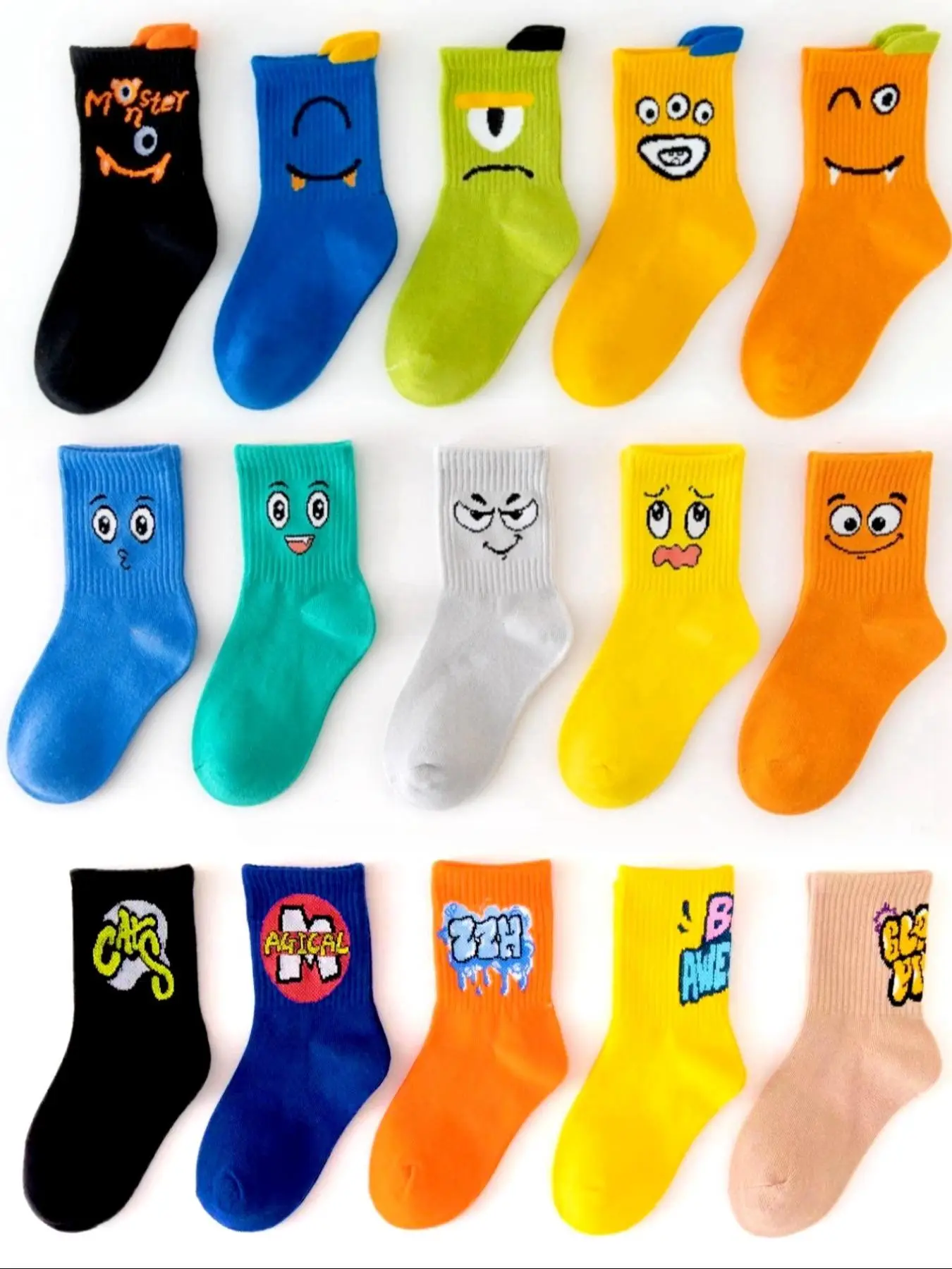 Boys' Cartoon Face & Letter Print Calf Socks, Cute Comfy Breathable Mid-Calf Socks for Daily Wear, Kids Socks for All Seasons