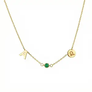 Initial Necklace with Heart Charm and Birthstone in 18K Gold
