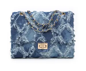 Quilted Crossbody Distressed Denim Shoulder Bag with Chain Strap for Women, Casual or Evening Summer  affordable  Purse with Twist Lock Closure Leather Bags
