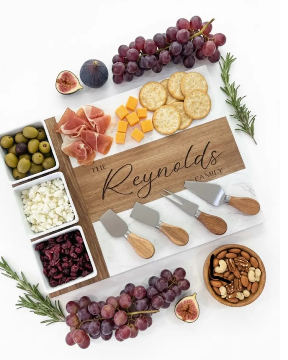 Custom Marble Charcuterie Board Wedding Gift – 11-Piece Set for Couple, Personalized Serving Tray