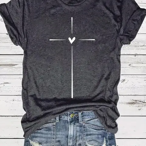 Women's Cross & Heart Print Round Neck Tee, Casual Fitted Short Sleeve Crew Neck T-shirt for Summer, Fashion Women's Top for Everyday Daily Wear, Casual T Shirts, Womenswear