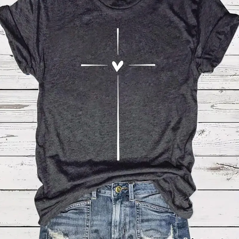Women's Cross & Heart Print Round Neck Tee, Casual Fitted Short Sleeve Crew Neck T-shirt for Summer, Fashion Women's Top for Everyday Daily Wear, Casual T Shirts, Womenswear