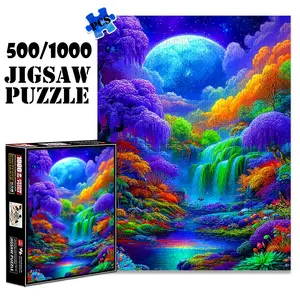 1pc 1000 piece adult puzzle 70x50cm Fantasy Landscape with Waterfall, Moon and Colorful Trees 500 pieces of paper jigsaw puzzle, suitable for adults and families, large-scale DIY puzzle interactive