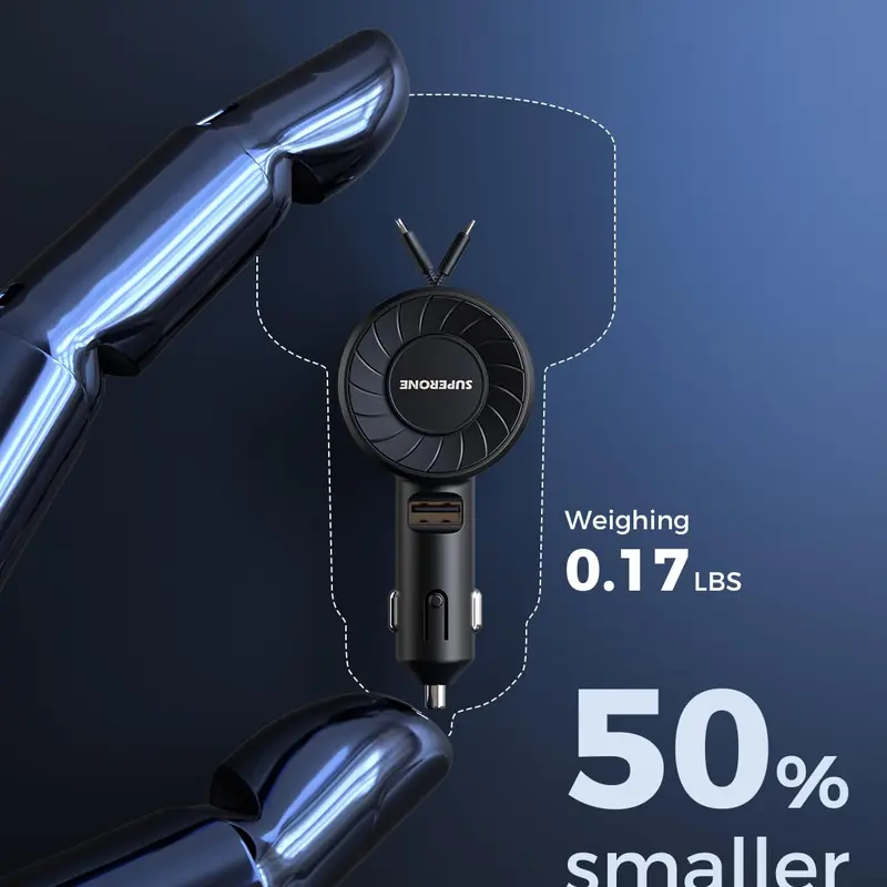 SUPERONE 3 In 1 Retractable Automotive Charger - Plug, Dual USB Ports, PD/QC Support, 12V/24V Compatible for Most Cars, Fast Charging for iPhone & Android, Ideal for Drivers & Trips
