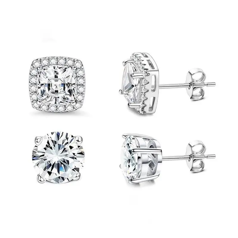 S925 Sterling Silver Hypoallergenic CZ Earrings Set, Unisex Round & Princess Cut Studs, Sparkly Bling Cubic Zirconia Plug Jewelry for Daily Wear