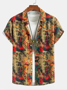 Men's Ethnic Pattern Print Casual Printed Short Sleeve Shirt Regular Fit Comfy Button Front Collared Top Summer Clothes Beach Vacation Casual Style Shirt 2026 Breathable Soft Lightweight Basic Trendy Outdoor Travel Streetwear