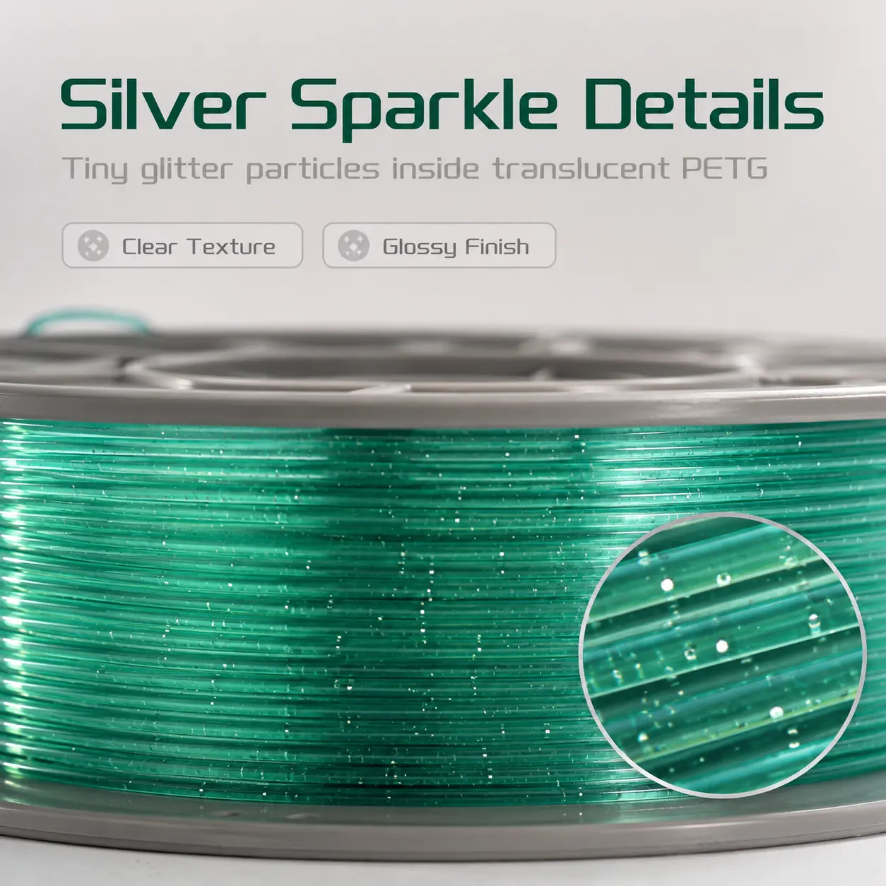 1.75mm Glitter PETG Filament 300g Mini Spool - Translucent Green Silver Sparkle 3d printers