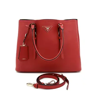 Pre-owned PRADA Leather Bucket Bag Panier Saffiano Red Large W/Strap #4352