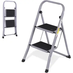Step Ladder, 2 Step Stool for Adults,2 Step Ladder Folding Step Stool with Convenient Handgrip Handle,380 lbs Capacity,Step Ladder with Wide Anti-Slip Pedal Ergonomic Design,Gray