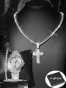 Luxury Rhinestone Watch Set, Silver Color Alloy Case, Round Analog Dial, Geometric Design, Street Style Gift Box for Men & Women