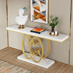 TRIBEWOOD 55-Inch Gold Console Table for Entryway, Modern Faux Marble Foyer Table with Geometric Metal Legs, Narrow Long Sofa Table for Living Room
