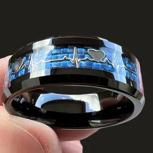 8mm Stainless Steel Heart Shaped Ring with Blue Thread Inlay – Wedding, Engagement and Party Rings for Men and Women, Valentine's Day Gift, Girlfriend, Boyfriend, Mother's Day, Father's Day Accessories or Daily Wear, Promise Ring