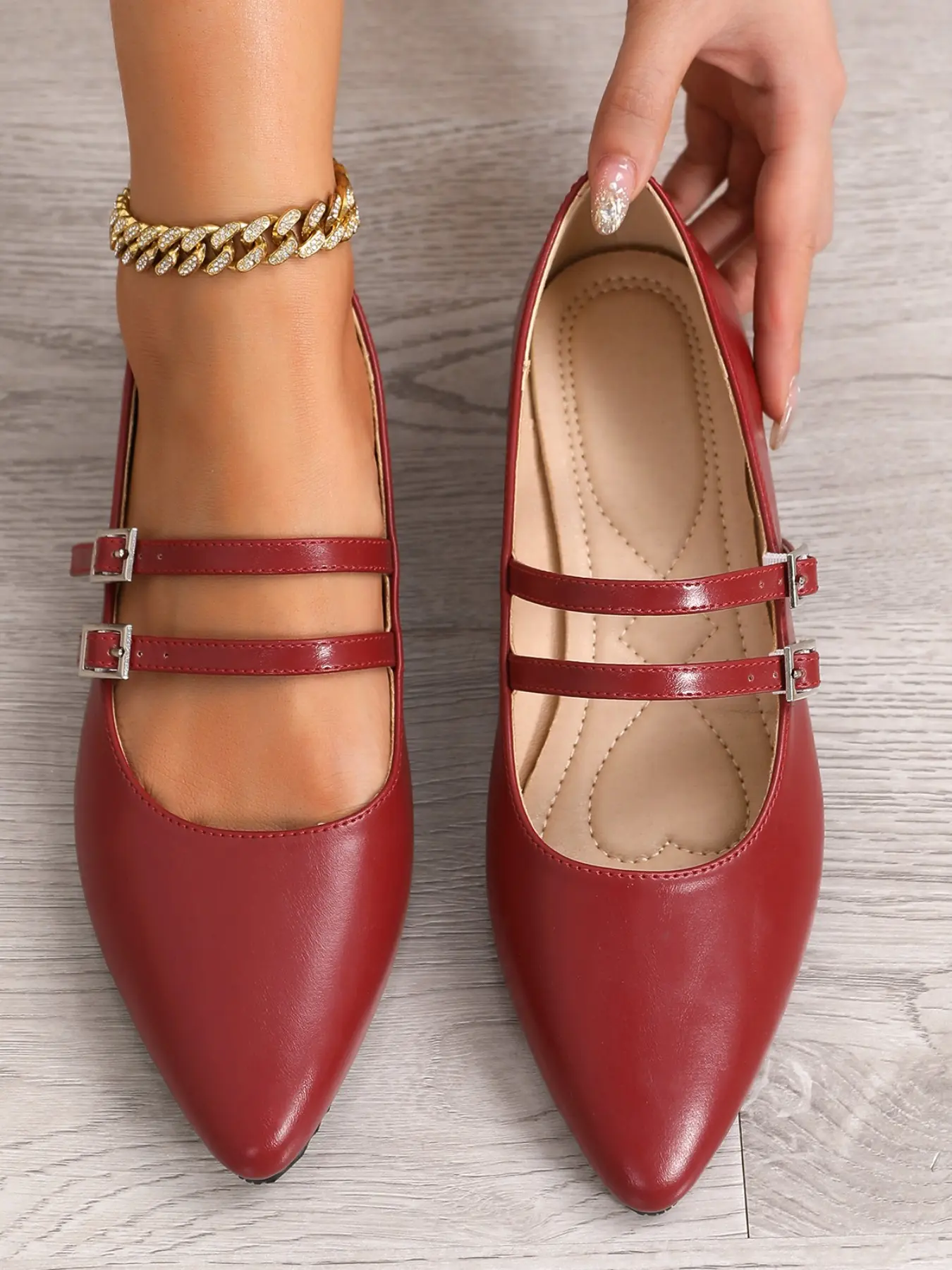 Women's Pointed Toe Low Heel Flat Shoes, Elegant Comfortable Ballet Design Mary Jane Shoes, PU Leather Rubber Sole, All Seasons