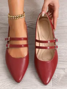 Women's Pointed Toe Low Heel Flat Shoes, Elegant Comfortable Ballet Design Mary Jane Shoes, PU Leather Rubber Sole, All Seasons