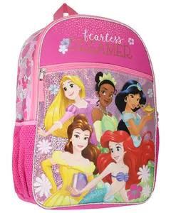Disney Princess Fearless Dreamer Rapunzel Jasmine Belle Ariel Tiana Pink 16" School Travel Backpack