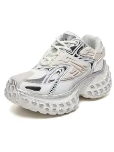Silver Mecha Chunky Tire-Sole Dad Sneakers, Futuristic Platform Casual Trainers