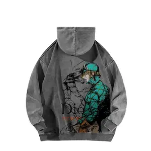JoJo's Bizarre Adventure Anime-Style Hooded Sweatshirt High-Quality 100% Cotton Unisex Fitted Long Sleeve Water-Wash Vintage Print Hoodie for Autumn