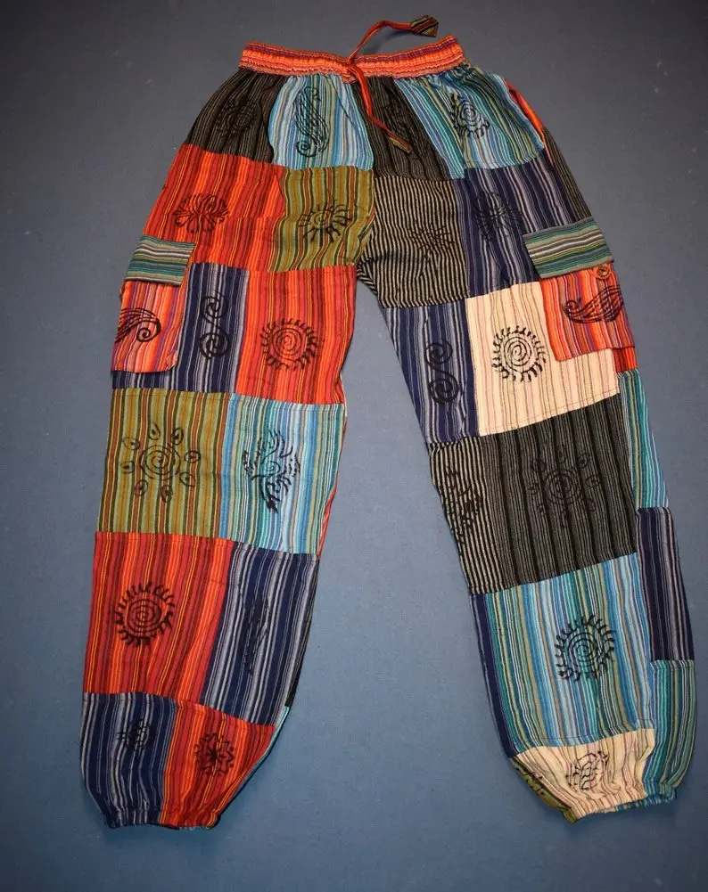 Fashionable Unisex Multicolor Handmade Hippie Patchwork Non Acidic Dyed Cotton HippyBoho Comfy Festival Nepalese Yoga Pants Trouser