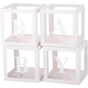 Baby Boxes with Letters for Baby Shower, 4 Transparent Balloon Boxes for Gender Reveal Baby Shower Decorations (White)