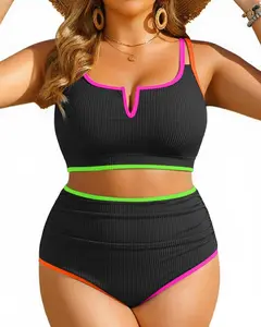 YOUNGDEER Plus Size Bikini Set for Women, High Waisted Ribbed Swimsuit, V Wire Two Piece, Tummy Control Bathing Suit