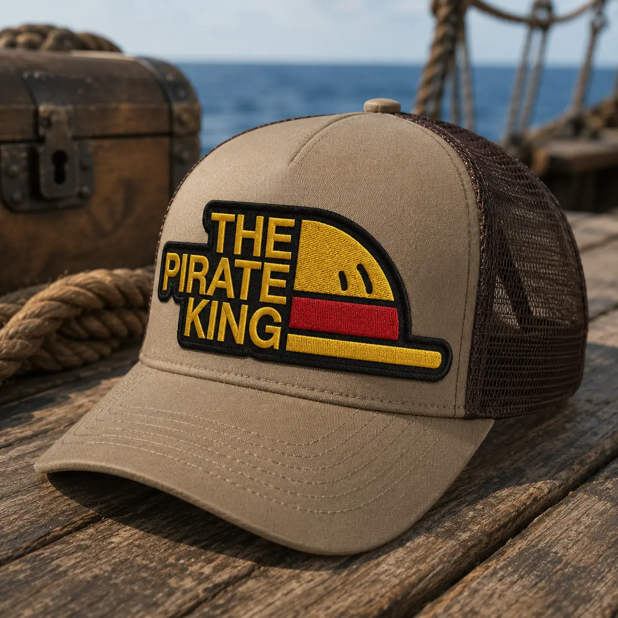 The Pirate King Trucker Hat, Anime Inspired Embroidered Mesh Cap, Adventure Snapback Hat, Pirate Fan Gift, Casual Outdoor Cap