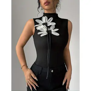 Women’s daisy-embroidered stand-up collar vest, floral-embroidered vest, elegant sleeveless summer top, women’s everyday wear GARMENTARY